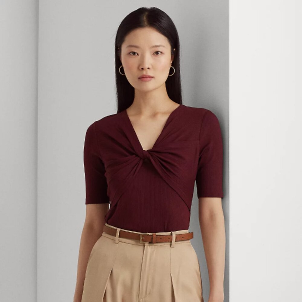 LAUREN Ralph Lauren Twist-Front Rib-Knit Cotton-blend Tee Vintage Burgundy L NWT
